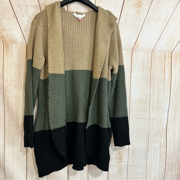 Cozy Chunky Color-block Hooded Sweater Cardigan Black Tan Foresst Green XL - Picture 7 of 7